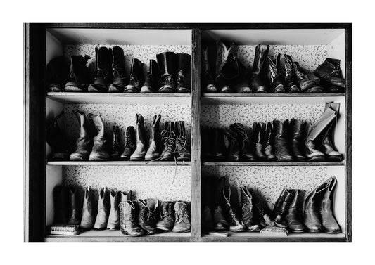 black and white of cowboy boots fine art print