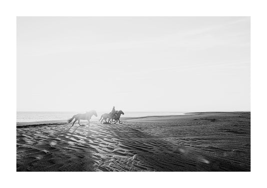 icelandic horseman riding on black sand beach.